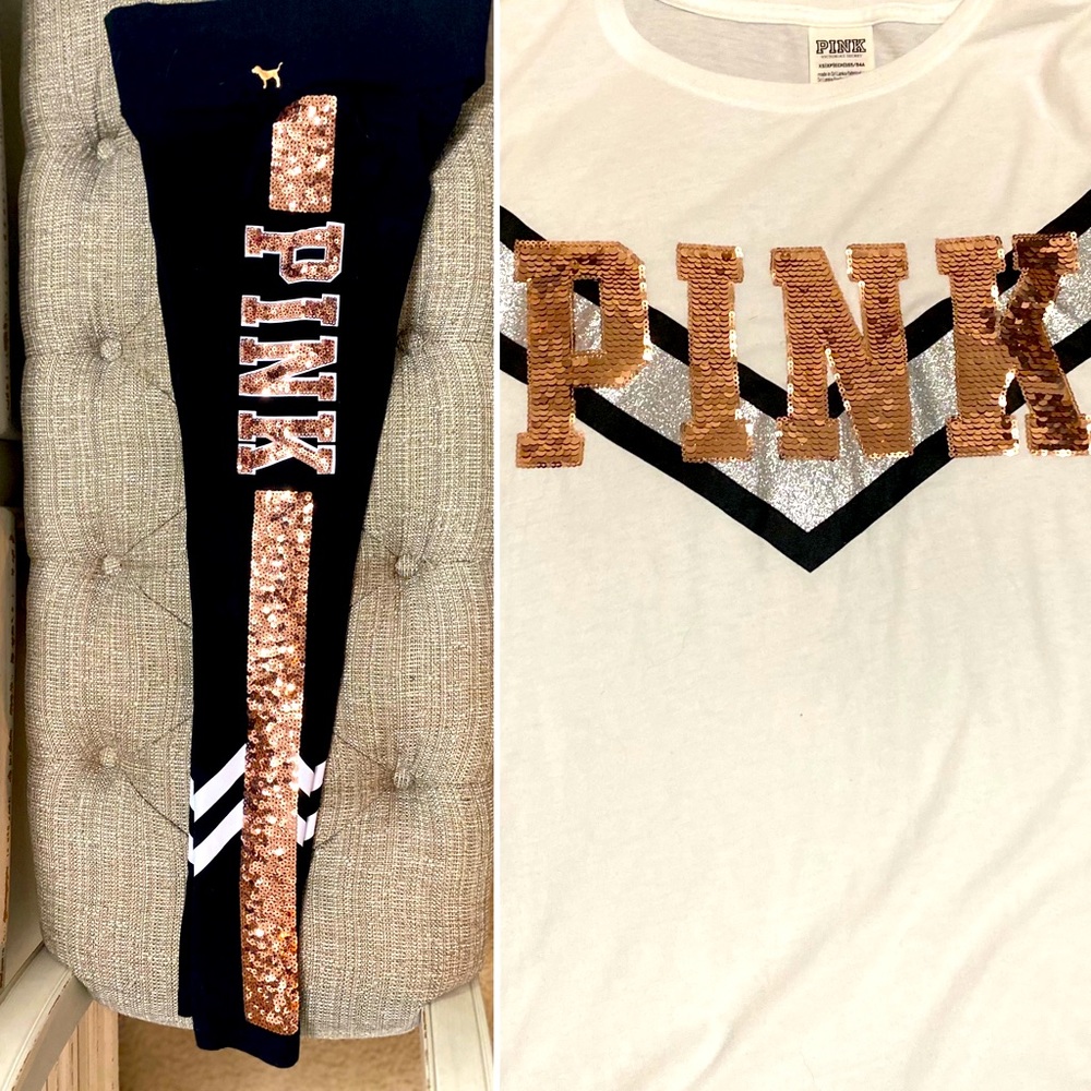 PINK BLING YOGA PANTS —-rose gold sequins matching yoga pants with  top. NWOT